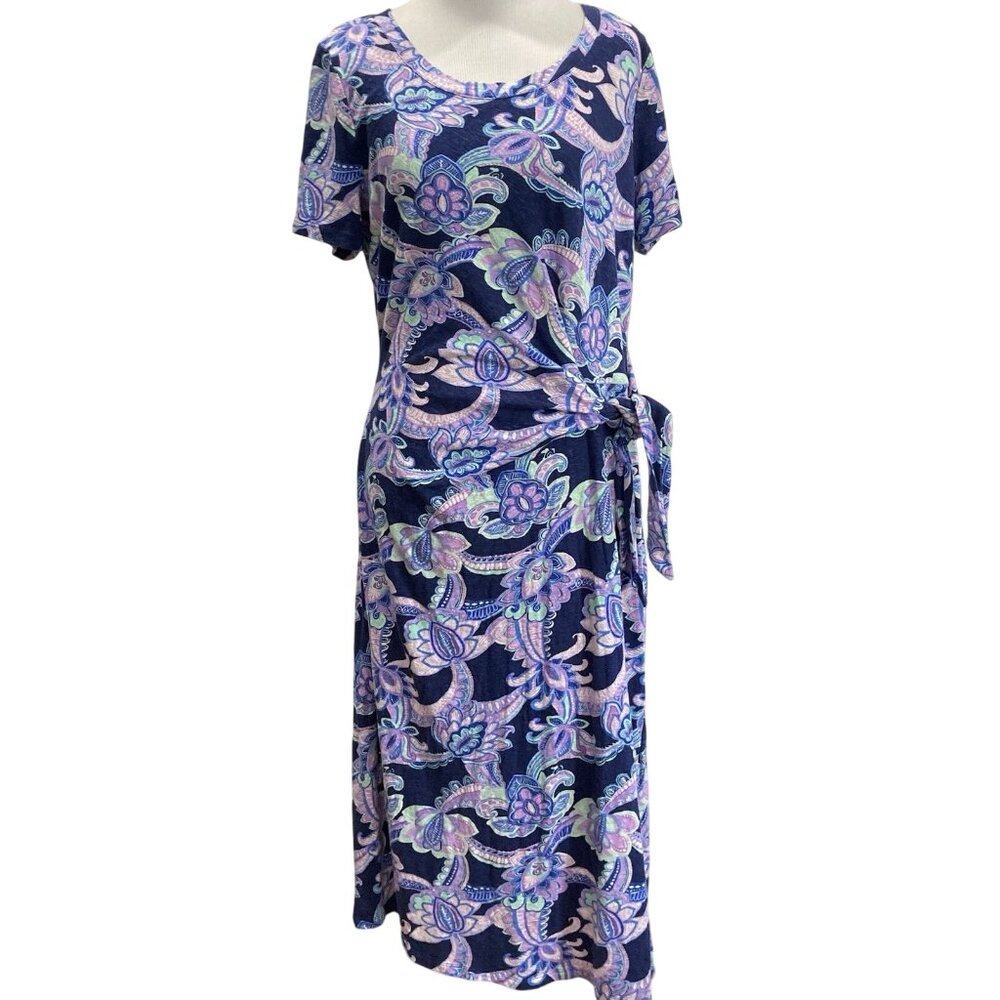 Talbots Faux Wrap Dress Womens L Purple Floral Paisley T-Shirt Coastal Vacation